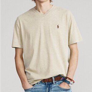 POLO Ralph Lauren 100% Cotton Oatmeal Heather Casual Short V-Neck Shirt XL